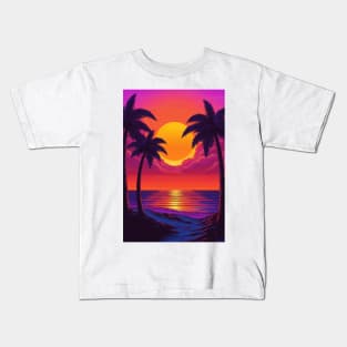 Illustration of an 80s Synthwave retro sunset with palm trees on the beach Kids T-Shirt